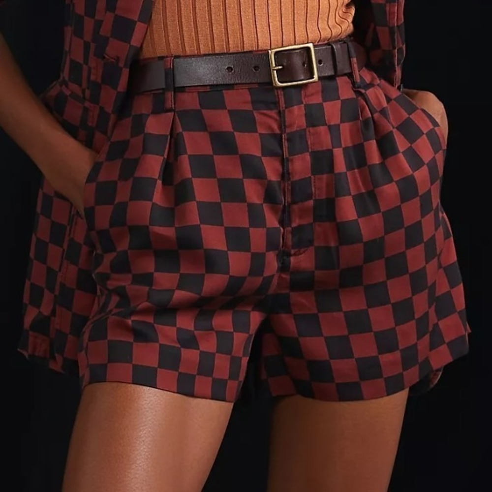Maeve Anthropologie Checked Pleated‎ Shorts Size 6 Petie Brick Red/Black NWT